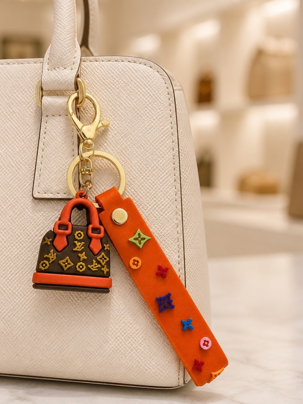 LV Orange and Brown Monogram Charm Keychain